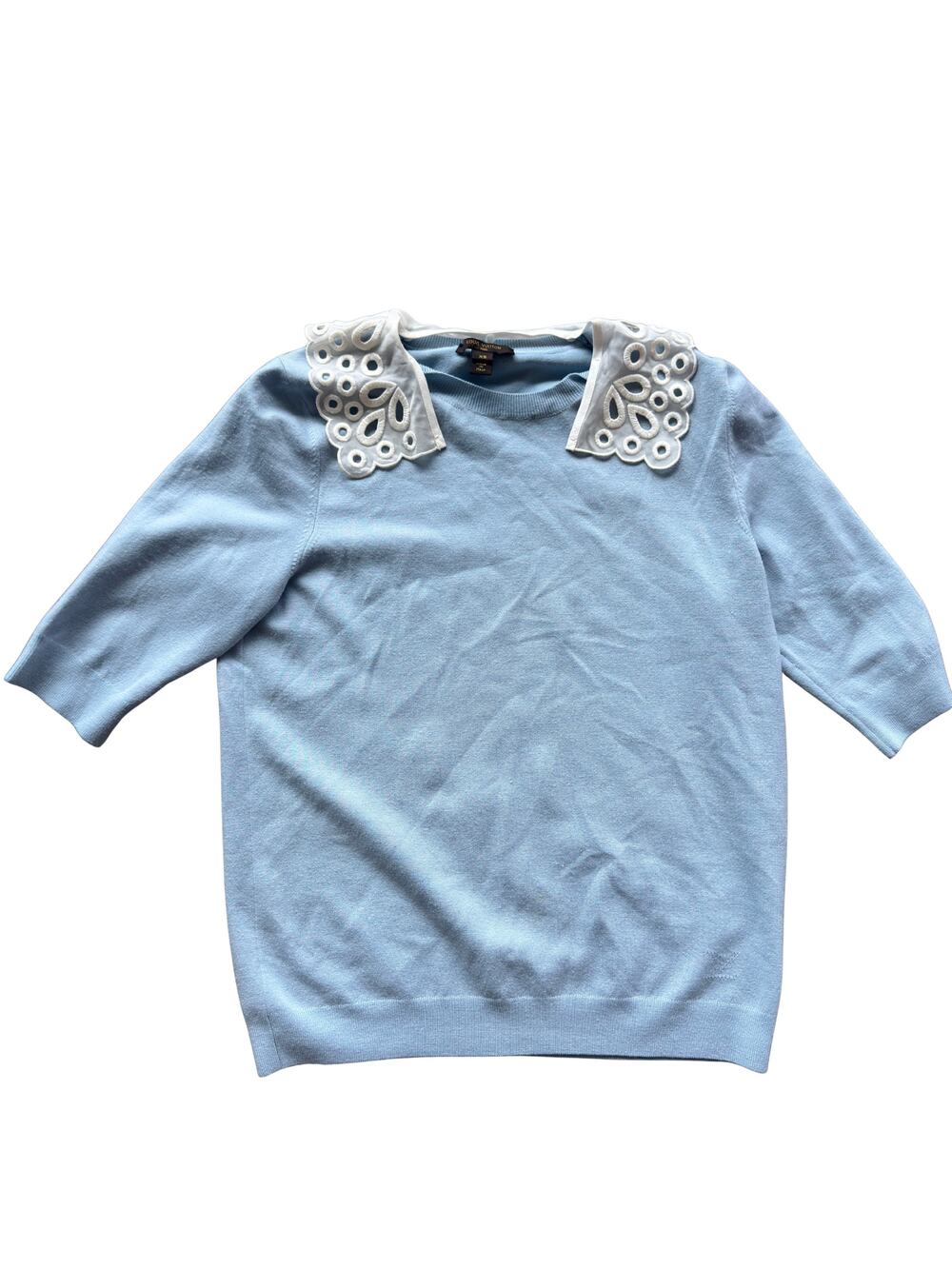 Louis Vuitton Vintage Floral Lace Collar Knit Sweater Light Blue XS Made Italy